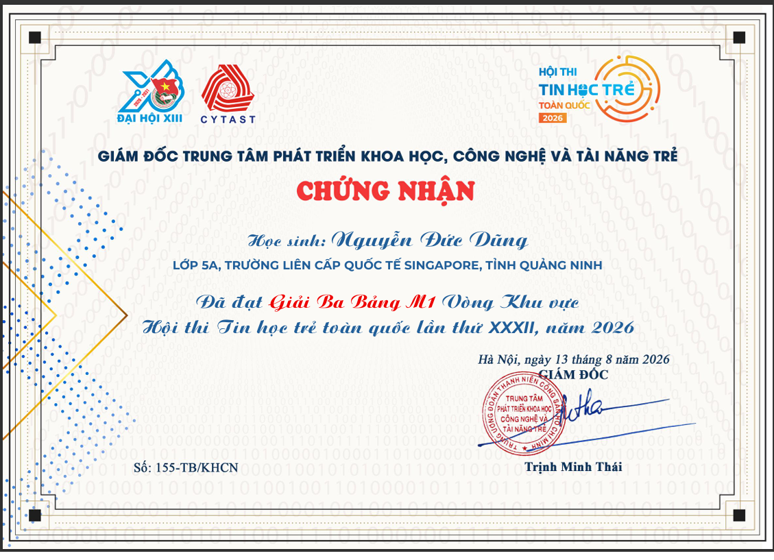 Chứng nhận Giải Ba Tin Học Trẻ - Nguyễn Đức Dũng